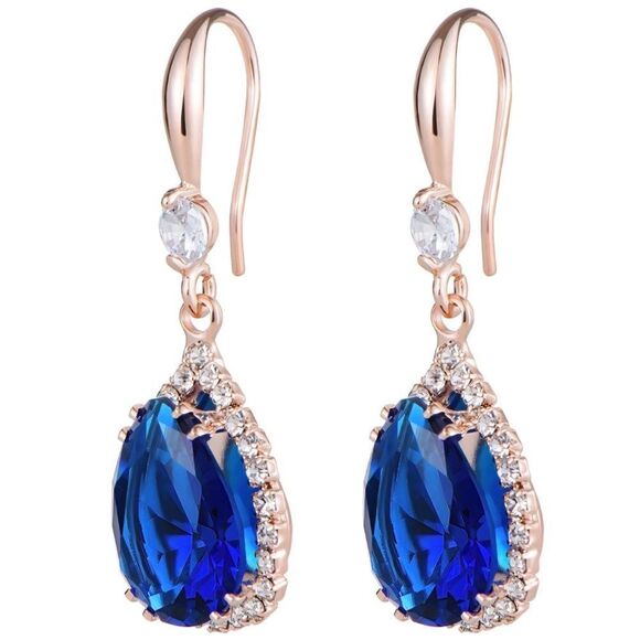 14K Rose Gold with Blue Diamond Cubic Zirconia Teardrop Hook Dangling Earrings - Picture 2 of 5